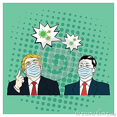 Donald Trump meet Xi Jinping Wearing Healthy Mask, Corona Virus, Covid-19, Flat Vector Design Vector Illustration