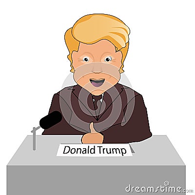 Donald trump president smile finger up elections of 2016. Presidential chair. Fight success. Gives an interview. Vector Cartoon Illustration