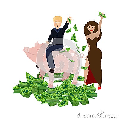 Donald Trump riding a pig piggy bank on a white Editorial Stock Photo