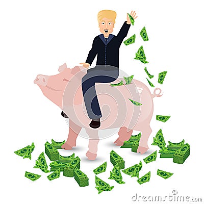 Donald Trump riding a pig piggy bank on a white Editorial Stock Photo