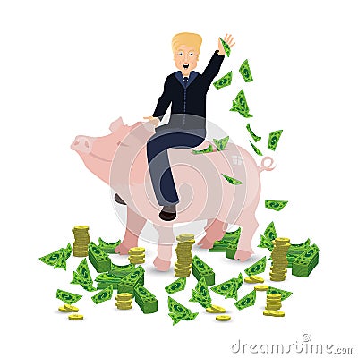 Donald Trump riding a pig piggy bank on a white Editorial Stock Photo