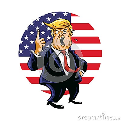 Donald Trump Shouting You`re Fired! Vector Cartoon Drawing Caricature with Circle American Flag Background. Washington, September Vector Illustration