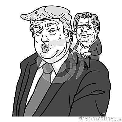 Donald Trump and Steve Bannon Black and White Cartoon Caricature Vector Vector Illustration