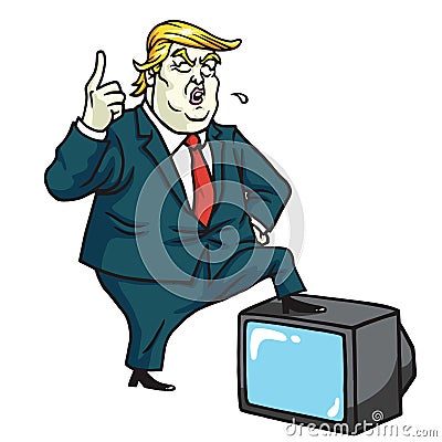 Donald Trump with Television. Cartoon Caricature Vector Illustration. July 10, 2017 Vector Illustration