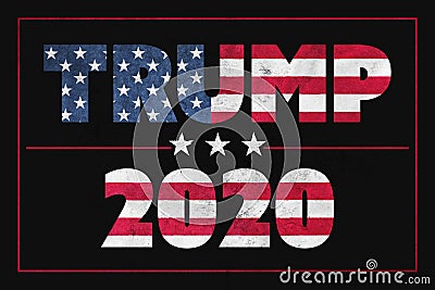 A Donald Trump 2020 text illustration design with the red, white and blue stars and stripes of the American flag Cartoon Illustration