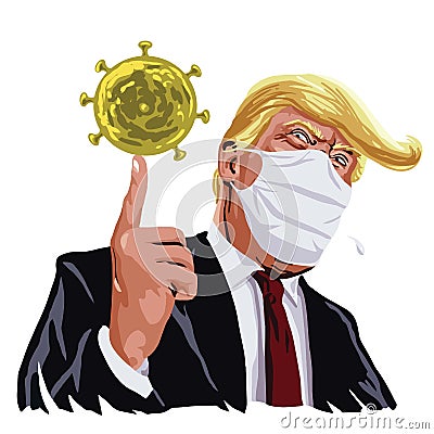 Donald Trump Wearing Mask Anti Corona Virus Covid 19 on Face Cartoon Vector Illustration. March 17 , 2020 Vector Illustration