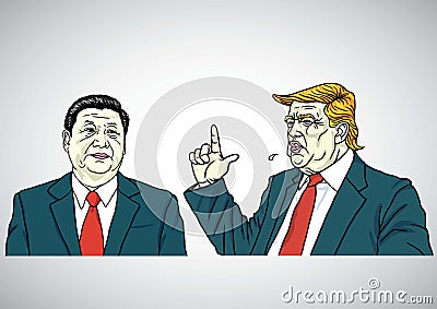 Donald Trump and Xi Jinping Portrait. USA and China. Cartoon Vector Illustration. July 29, 2017 Vector Illustration