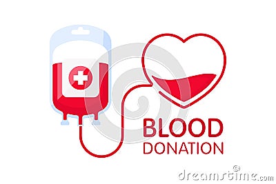 Donate blood concept with blood bag and heart. Blood donation vector illustration. World blood donor day - June 14. Vector Illustration