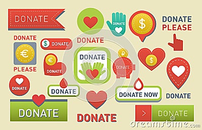 Donate buttons vector set illustration help icon donation gift charity isolated support design sign contribute Vector Illustration