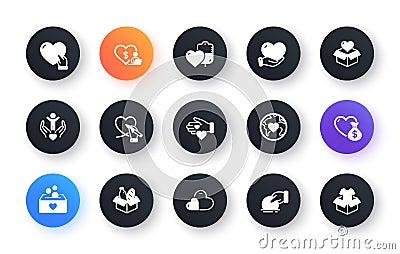 Donate and Charity icons. Volunteer help, Global hunger, Food box icons. Vector Vector Illustration