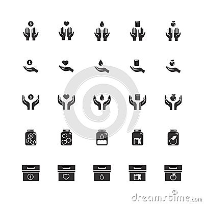 Donate and Charity line icons set.Helping hand, Volunteer help, Heart donations and Care box. design vector Vector Illustration