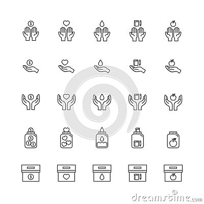 Donate and Charity line icons set.Helping hand, Volunteer help, Heart donations and Care box. design vector Vector Illustration