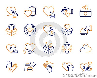 Donate and Charity line icons. Volunteer help, Global hunger, Food box icons. Vector Vector Illustration