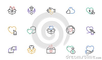 Donate and Charity line icons. Volunteer help, Global hunger, Food box icons. Vector Stock Photo