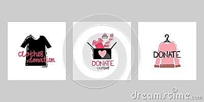 Donate clothes. Cardboard box with t-shirt and winter clothes, volunteering and support poor people, second hand shop, charity and Vector Illustration