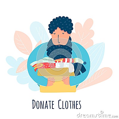 Donate clothes concept with a man carrying a box of clothes Vector Illustration