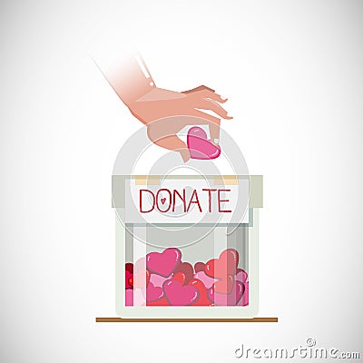 Donate for love. human hand take heart into donate box with full Cartoon Illustration