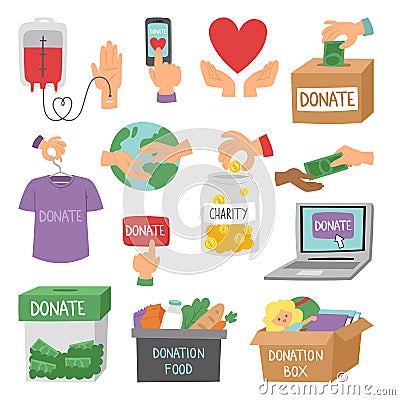 Donate money set outline icons help symbols donation contribution charity philanthropy symbols humanity support vector Vector Illustration