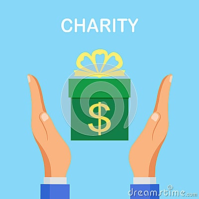 Donate money to charity concept. Donation jar, box isolated on background. Human hand hold dollar bill, gold coin, cash. Business Vector Illustration