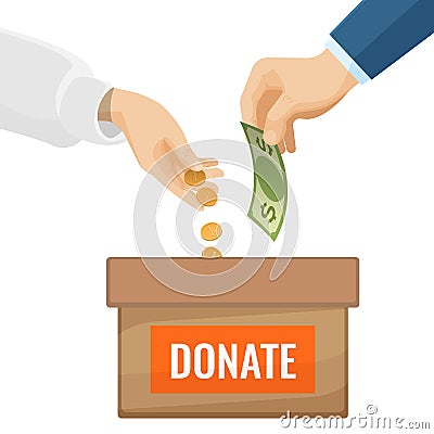 Donate sign on cardboard box with money for charity Vector Illustration