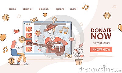 Donate and support artists during global economic crisis landing page template. Man playing guitar and sing. Vector Illustration