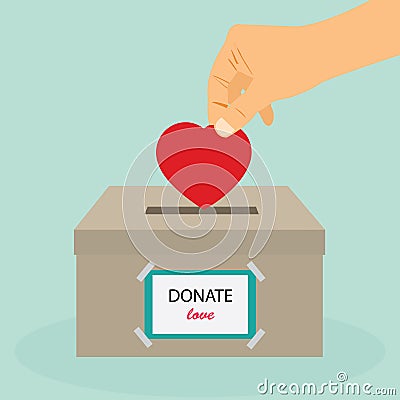 Donation box. Donate blood. Concept of Care and Love. Hand take heart into donate box. Vector stock Stock Photo