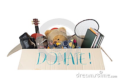 Donation box full with stuff for kid Stock Photo