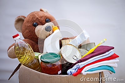 Donation box with stuff Stock Photo