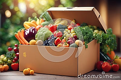 Donation Box with Supplies Food for People, food bank background Stock Photo