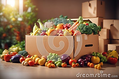 Donation Box with Supplies Food for People, food bank background Stock Photo