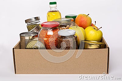 Donation box with various food. Food delivery, online shopping, copy space Stock Photo