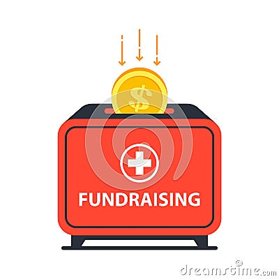 Donation box into which the coin falls. help those in need for treatment. Vector Illustration