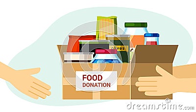 Donation boxes with canned food illustration. Freshly prepared food packaged in sealed jars helping people in need and Vector Illustration