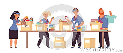 Donation boxes. Food help, volunteers shelter services. People donate products, toys, medications. Migration aid charity Vector Illustration