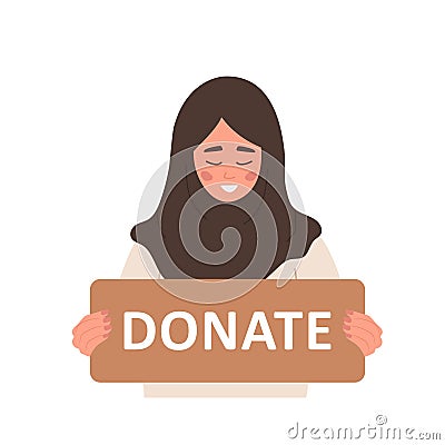 Donation and charity concept. Arabic volunteer woman holding in hands cardboard sign Donate. Support for homeless and Vector Illustration