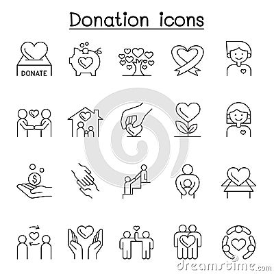 Donation & Charity icons set in thin line style Vector Illustration