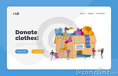 Donation and Charity Landing Page Template. Tiny Volunteers Characters Bringing Different Clothes for Poor People Vector Illustration