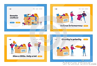 Donation and Charity Organization Landing Page Template Set . Tiny Volunteers Characters Bringing Clothes Vector Illustration