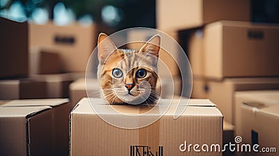 Donation concept cat in empty cardboard box in new home, surrounded by moving supplies Stock Photo