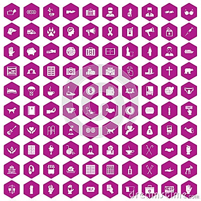 100 donation icons hexagon violet Vector Illustration