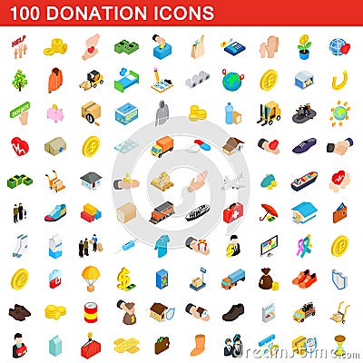 100 donation icons set, isometric 3d style Vector Illustration