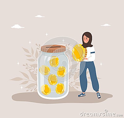 Donation money concept. Cute arabian woman with glass jar full of gold coins. International charity day. Fundraising Vector Illustration