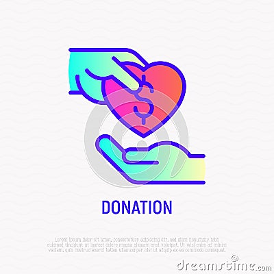 Donation thin line icon: one hand puts heart with dollar sign in other hand. Modern vector illustration for charity, fundraising Vector Illustration