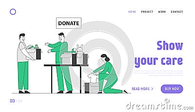 Donation to Poor Homeless People Website Landing Page. Young Man and Woman Altruistic Volunteers Collect Clothes Vector Illustration