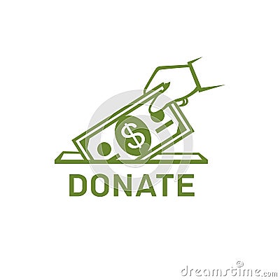 Donation vector icon. Donate money and charity concept. Hand putting money to the donation box icon. Vector Illustration