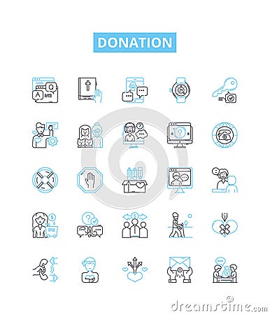 Donation vector line icons set. Gift, Offering, Grant, Contribution, Endowment, Aid, Subsidy illustration outline Vector Illustration