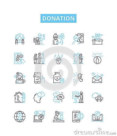 Donation vector line icons set. Gift, Offering, Grant, Contribution, Endowment, Aid, Subsidy illustration outline Vector Illustration