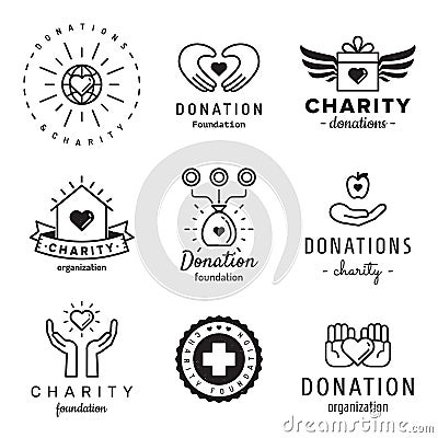 Donations and charity logo vintage hipster vector set. Vector Illustration