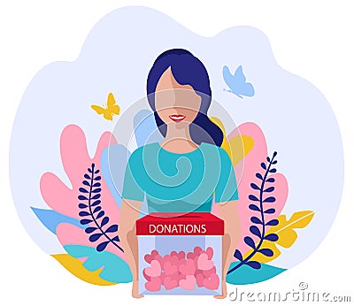 Donations and charity. Vector volunteering concept with flat girl with hearts. Hearts in hand. Donation box. Donate Vector Illustration