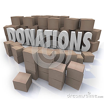 Donations Word Cardboard Boxes Charity Drive Collection Warehouse Stock Photo